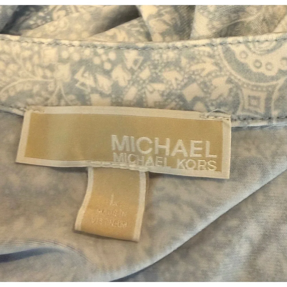 Michael Kors MMK L Shift Dress Blue White Paisley Ruffle Hem Sleeveless Tie Neck